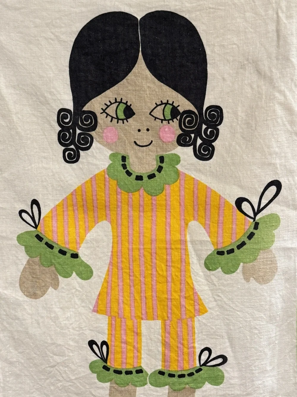 Vintage 1970s KREIER Switzerland Signed Linen Mod Girl Wall Hanging/Tea Towel
